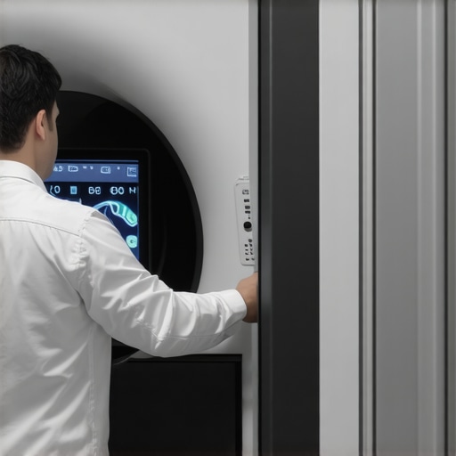 Radiologist calibrating spectral X-ray machine with monitors displaying soft tissue images.