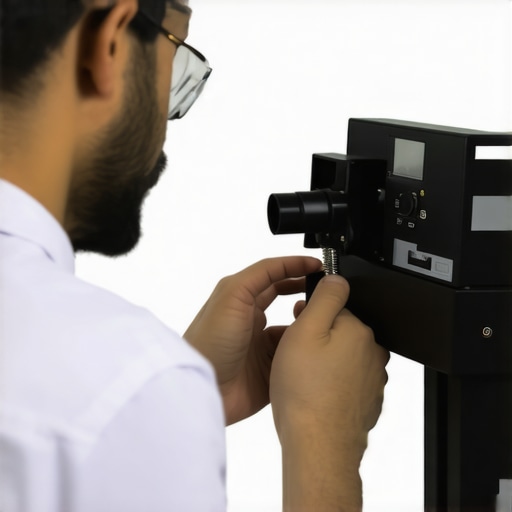 Technician calibrating spectral X-ray equipment with specialized tools in a hospital setting