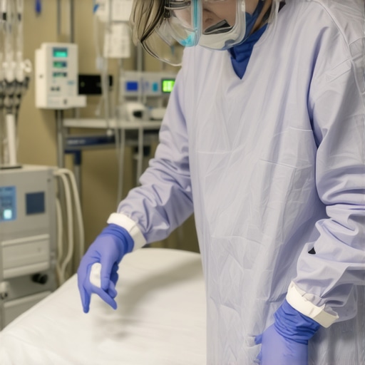 Nurse correctly donning an anti-microbial gown in ICU