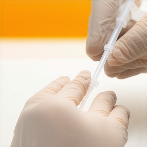 Hands wearing sterile gloves handling disposable pipette tips in a clean laboratory environment