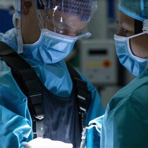 Surgeon in operating room wearing cooling vest for comfort