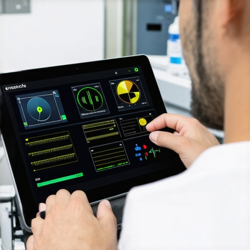 A technician checking medical device diagnostics on a tablet with performance graphs