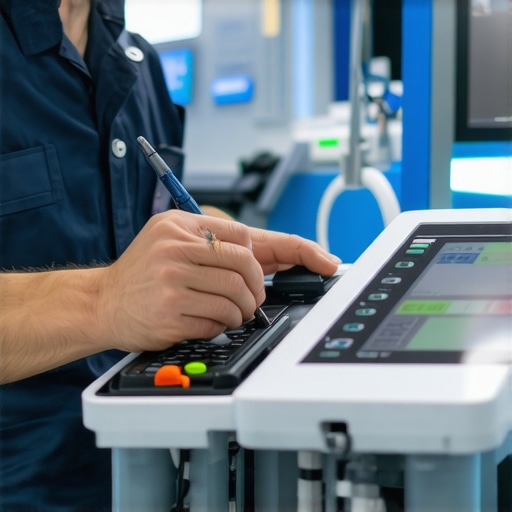 Healthcare professional calibrating and maintaining medical devices using digital tools and sensors.