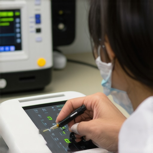 Medical technician using digital calibration tools on medical equipment