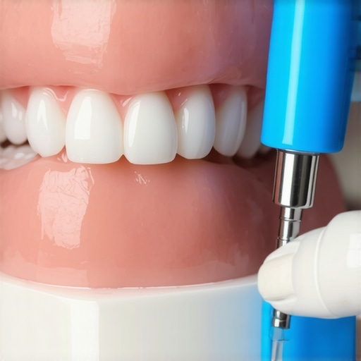 Close-up of dental articulation paper with vivid markings on a dental articulator.