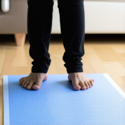 Person pressing a button on a fall-detection mat to test responsiveness