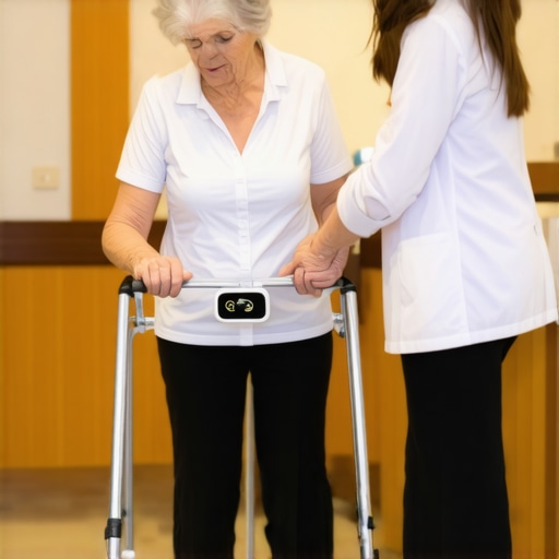 Caregiver instructing senior resident on the features of a smart walker equipped with sensors.