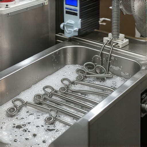 Ultrasonic cleaning of medical instruments Medical instruments being cleaned in an ultrasonic bath in a clinical environment