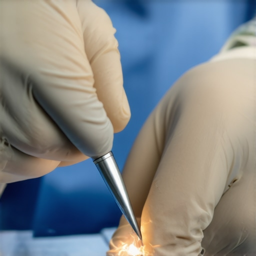 Surgeon operating with a laser scalpel in a sterile operating room environment.