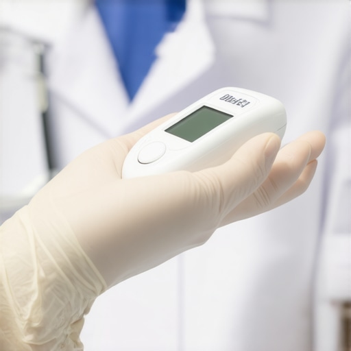 Healthcare professional operating a handheld glucose monitor during patient triage.