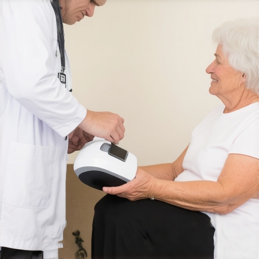 Healthcare worker showing a portable bone density device to a patient at home.