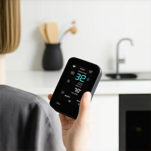Person testing glucose levels with a voice-output meter in bright kitchen ambiance