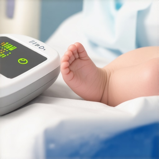 Healthcare worker measuring a newborn's bilirubin level with a portable device