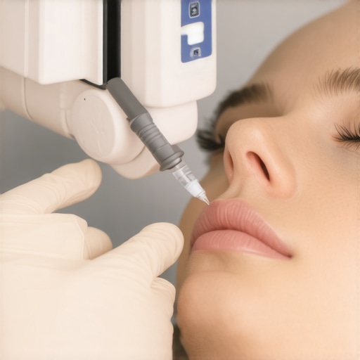 Healthcare professional administering injection with a smart device to an anxious patient.