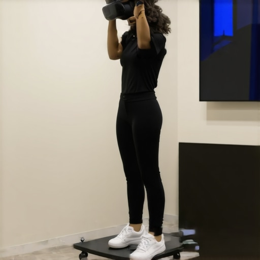 A person using a VR-connected balance board for physical therapy in a clean, well-lit space.