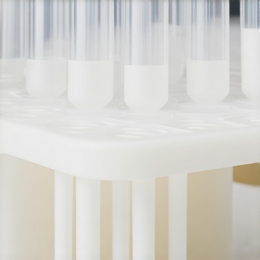 A laboratory test tube rack showing adjustable silicone inserts holding different test tubes.