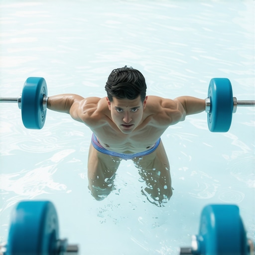 Individual exercising in pool using aquatic dumbbells for safe strength training