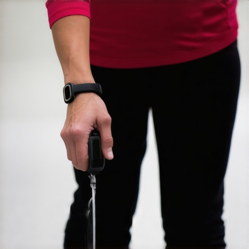 Person wearing a wrist blood pressure monitor during walking.