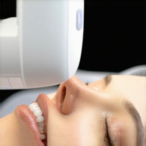 A dentist using a wireless dental camera to examine a patient's teeth.