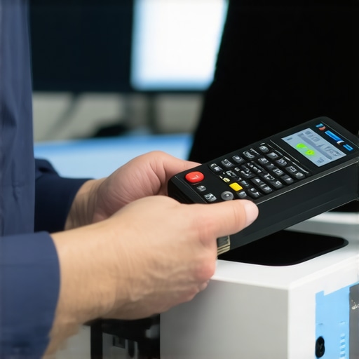 Technician testing medical device with a wireless diagnostic scanner