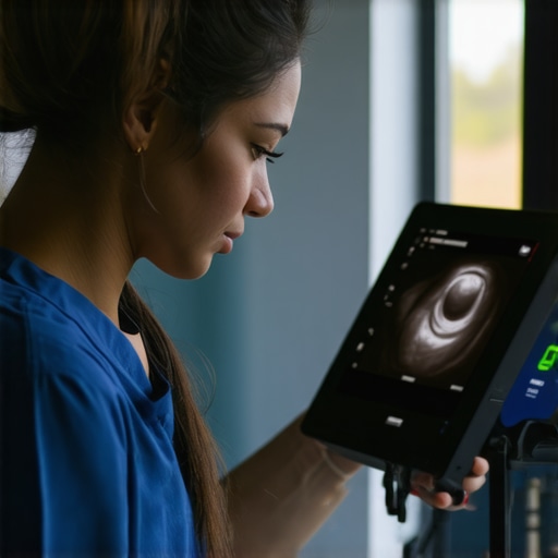A medical technician handling a wireless ultrasound probe during a mobile clinic session.