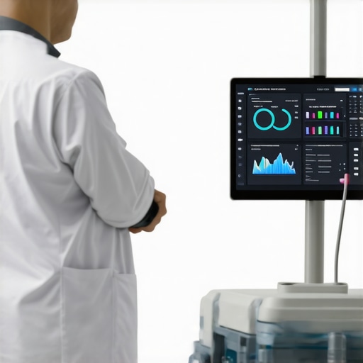 Doctor operating an advanced AI nurse cart with digital interface during patient rounds.