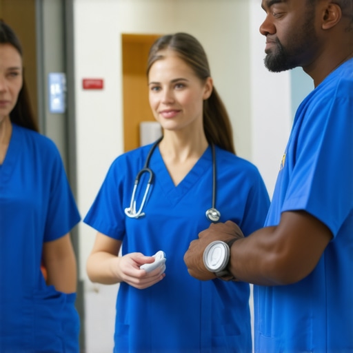Medical staff monitoring patients using AI alarm system with wearable sensors