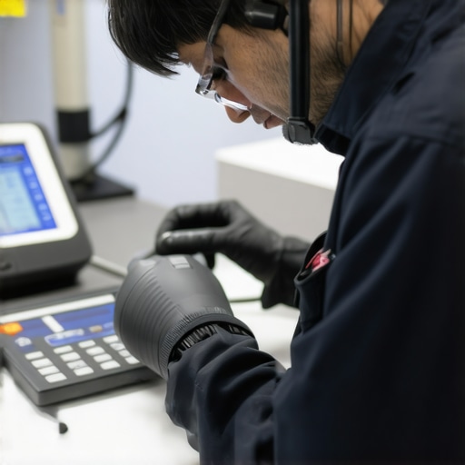 Technician carefully calibrating a medical device using digital tools in a clinical setting