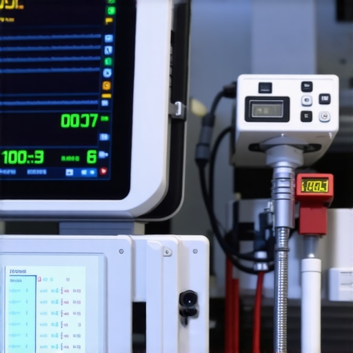 Technician monitoring medical device performance on digital screen in a healthcare facility.