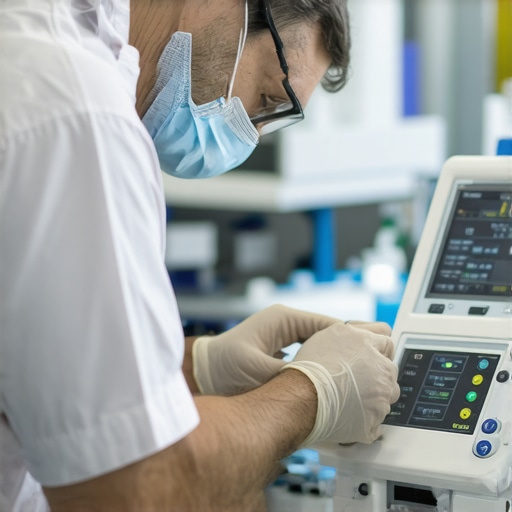 Advanced Medical Equipment Maintenance in Progress Technician calibrating medical device using digital calibration tools in a hospital