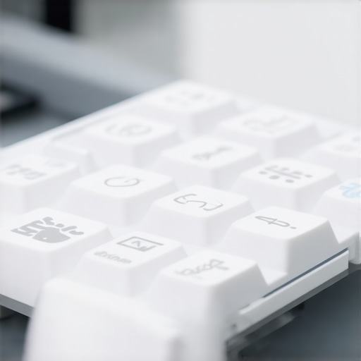 Close-up view of an antimicrobial keyboard at a hospital nurse station, emphasizing cleanliness and infection control