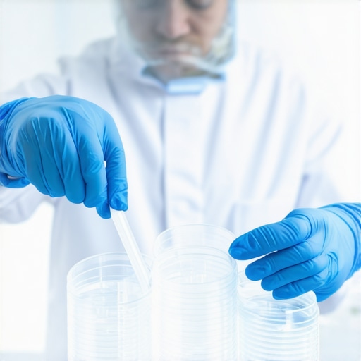 Lab worker carefully handling bio-degradable petri dishes with sustainable materials