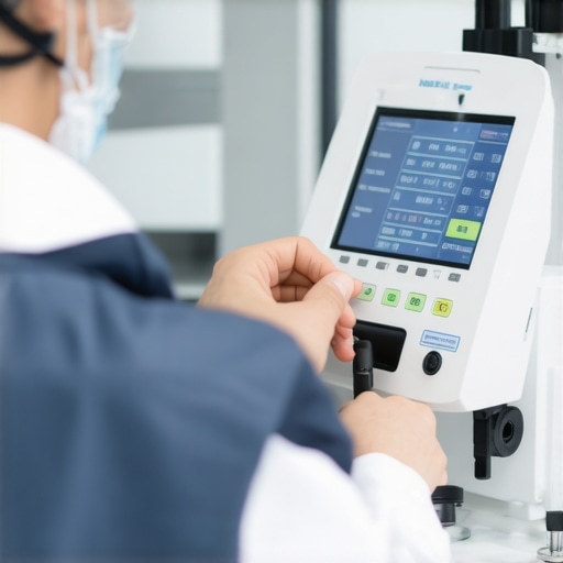 Technician calibrating a digital medical device in a clinical setting.