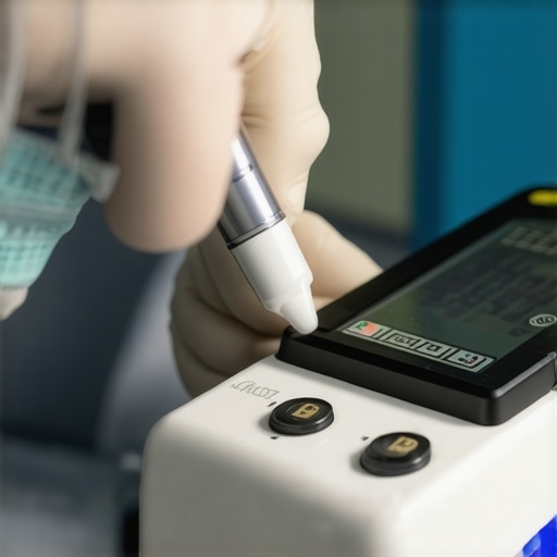 Technician using a digital calibration device on medical equipment in a hospital