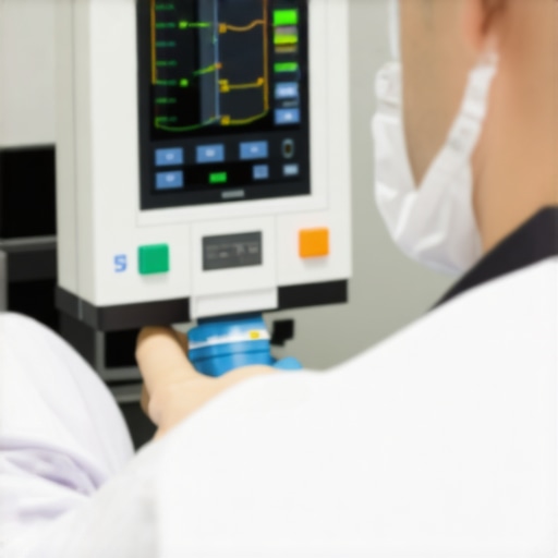 Technician adjusting a precise lab instrument using digital calibration tools