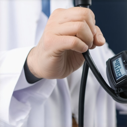 Technician performing calibration on a medical blood pressure device in a hospital environment.