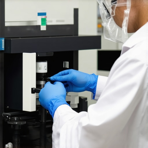 Technician calibrating medical devices in a clinical setting.