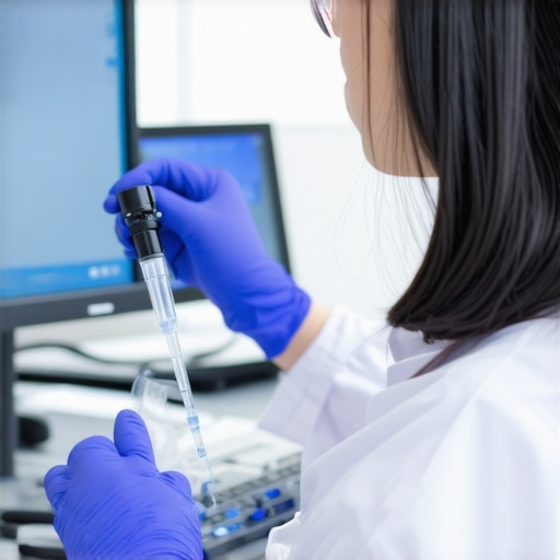 A lab technician calibrating a smart pipette connected to a computer, demonstrating modern laboratory equipment upkeep.