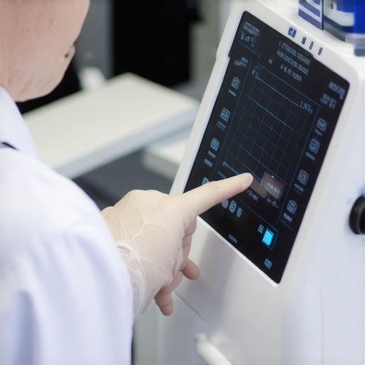 Calibration of Advanced Medical Equipment Healthcare professional adjusting a high-tech medical device with sensors and digital interface.