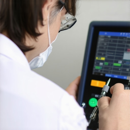Technician using calibration device on medical equipment in lab