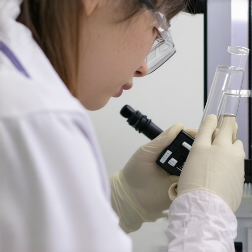 Researcher evaluating high-tech laboratory equipment in a clean, organized micro-lab environment.