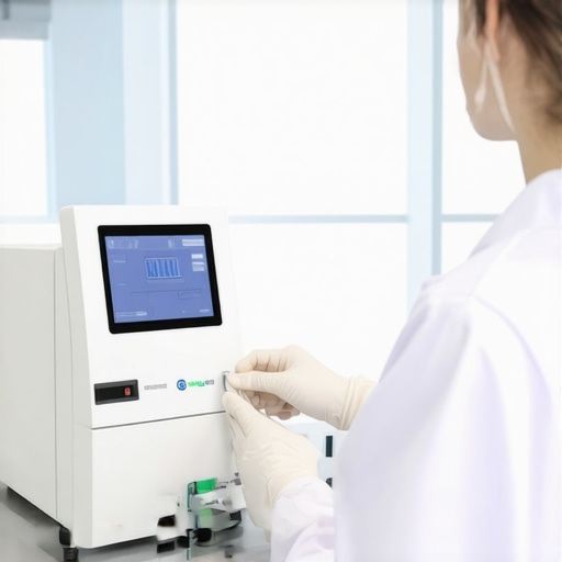 Clinic with Smart Urine Analyzer A clean, well-organized clinic laboratory featuring a smart urine analyzer with staff using it and digital data displays.