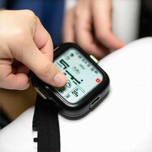 A healthcare professional fitting a wearable heart rate band on a patient in a clinical setting.