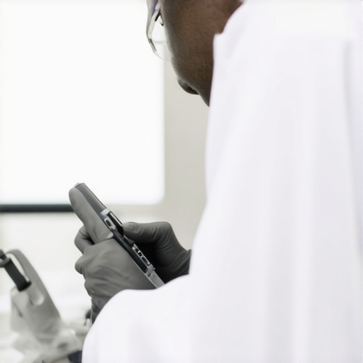 Device Calibration in a Modern Clinic Technician calibrating medical devices with digital calibration tools in a clinical environment.