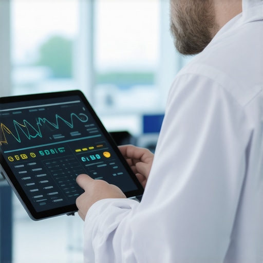 Digital Maintenance in Healthcare Technician performing digital diagnostics on medical equipment in hospital