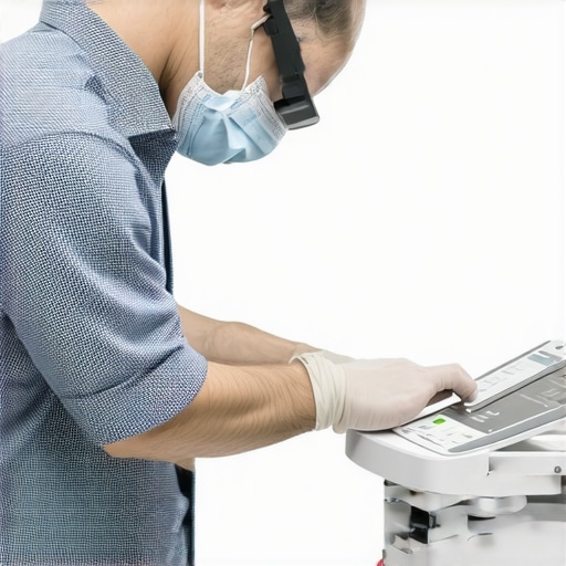 Technician calibrating medical device using digital tools