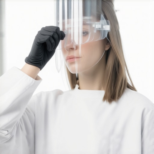 Doctor adjusting a clear, fog-free protective shield in a hospital setting.