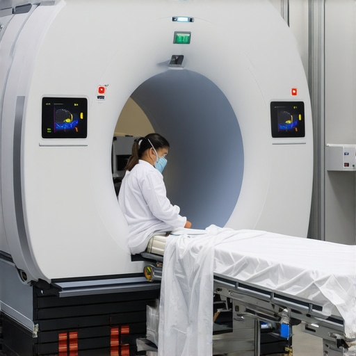 Technician setting up a magnetic shielding system for portable MRI in a mobile clinic