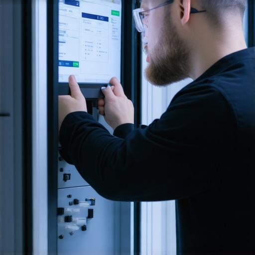 Technician setting up a futuristic smart laboratory storage rack with digital and IoT technology.