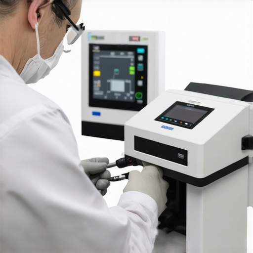 Medical technician calibrating equipment in a clinical environment.